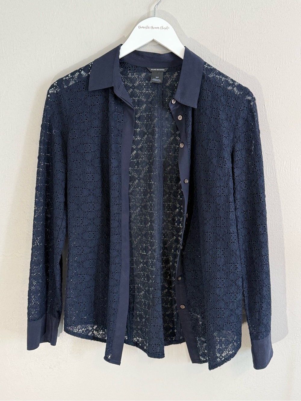 CLUB MONACO Women’s Navy Blue Sheer Crochet Lace Button Up Long Sleeve Top Sz S.